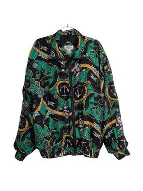 Bogari Silk Nautical Bomber Jacket Womens Size Large Yacht Rock Maximalism Artsy